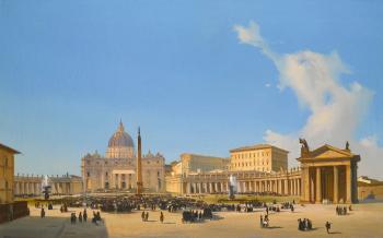 Rome, a view of Saint Peter's Basilica and Square with Crowds Awaiting a Papal Audience by 
																	Ipolito Caffi