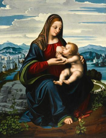Madonna and Child before a landscape by 
																	Marco d'Oggiono