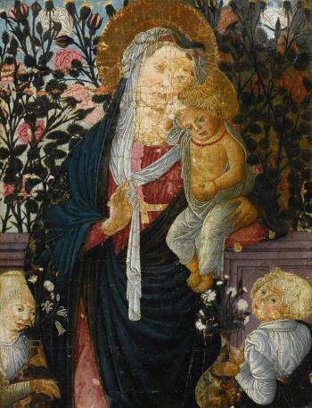 The Madonna and child with two angels before a Rose Hedge by 
																	 Pseudo Pier Francesco Fiorentino