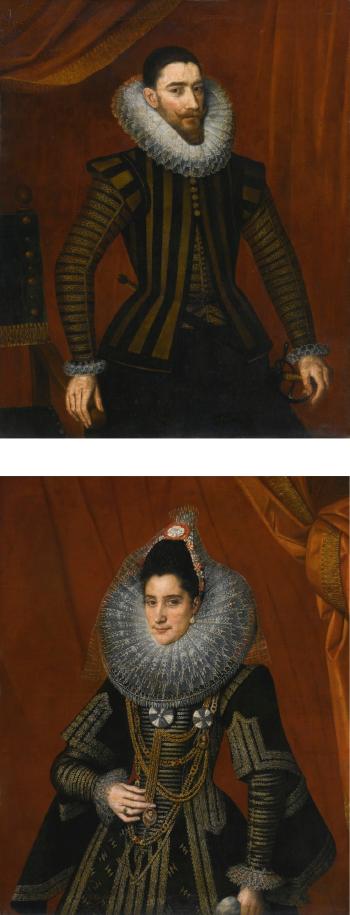 Portrait of a Man, three-quarter length, with a double layered lace cartwheel Ruff; Portrait of a Woman, three-quarter length, with a double layered lace cartwheel Ruff by 
																	Alonso Sanchez Coello