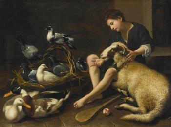 A Genre Scene of a Seated Boy with Bat and Ball, a Collared Sheep, a Basket of Doves and Pair of Ducks by 
																	 Pseudo Salini