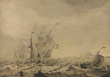 Men-o'-War and other vessels in a stiff breeze before a coast by 
																	Olfert de Vry