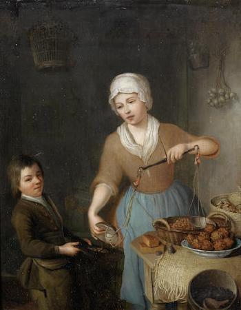 A maid and a boy weighing hazelnuts by 
																	Nicolaes Rynenburg