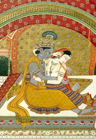 Krishna and Radha: Loveplay in Moonlight by 
																			 Guler School