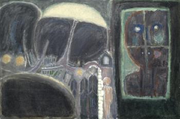 Figures in townscape at night by 
																	Ernest Zobole