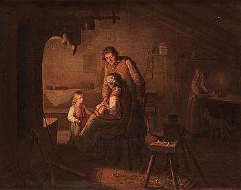 Interior With A Family In Front Of The Fireplace by 
																			Bengt Nordenberg