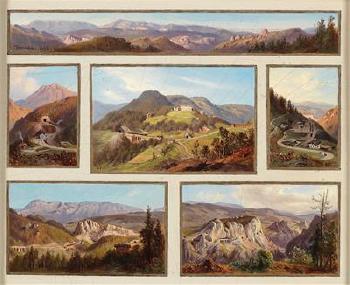 Five views of the Semmering railway and a panoramic view by 
																			Johann Varrone