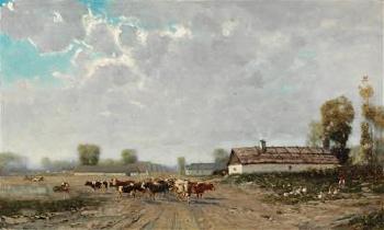 A village landscape with cows by 
																			Bela von Spanyi