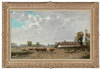 A village landscape with cows by 
																			Bela von Spanyi