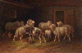 Sheep and goats in a stable by 
																			Adolf Nowey