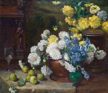 Bouquet of flowers with asters and pears by 
																	Helen Iversen