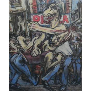 Two Horse-headed Men fighting in east village by 
																	James Romberger
