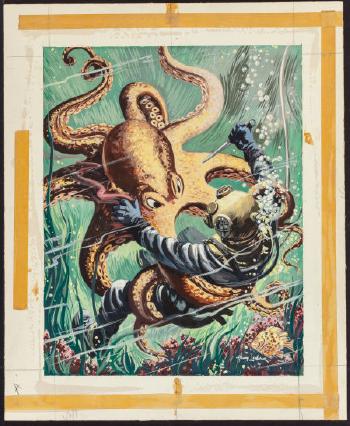 Battling an Octopus, American Manhood pulp magazine cover, August 1953 by 
																			Henry Luhrs