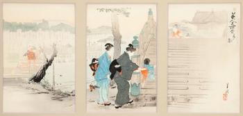 Women and Children Viewing Wisteria at  Kameido Shrine (triptych) by 
																			Gekko Ogata