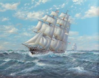 The American Merchantman Euphrasia Battling the Elements with Clipper Well Astern by 
																			Michael J Whitehand