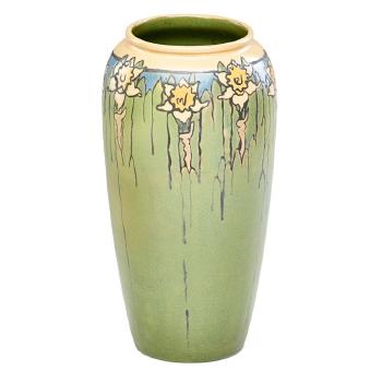 Tall Vase Decorated in Cuerda Seca with Daffodils by 
																			Sara Galner