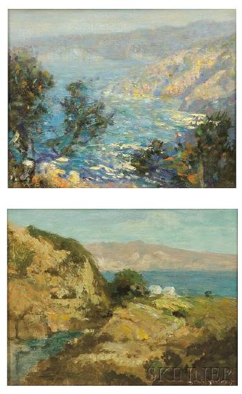 Two California Coastal Views: Cliffs and Ocean with foreground Trees and view across to distant Hills Cliffs by 
																			Dewitt Parshall