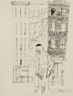 Jewish Man and Tenement Buildings by 
																	Gregorio Prestopino