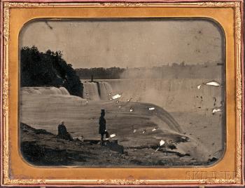 Whole Plate Ambrotype of a Man and Woman Viewing Niagara Falls, Taken from the Prospect Point Pavilion, in a Littlefield, Parsons & Co. Union case by 
																			Platt D Babbitt