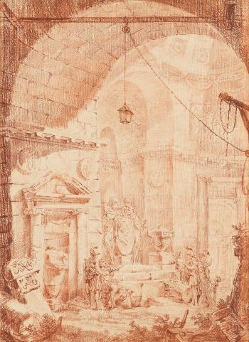 Imaginary View of a Church in Ruins by 
																	George Francois Blondel