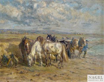 Verschnaufpause der Pferde beim Pflügen by 
																	Friedrich Eckenfelder