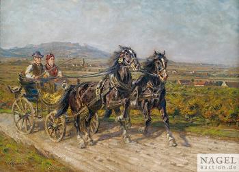 Zwei Rappen mit Kutsche by 
																	Friedrich Eckenfelder