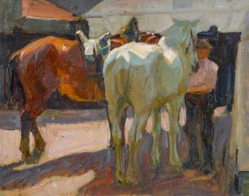 Knecht mit zwei Pferden by 
																	Franz Jakob Elmiger