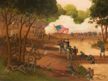 Small painting with a battle scene from the American Civil War by 
																			 Monogrammist W H