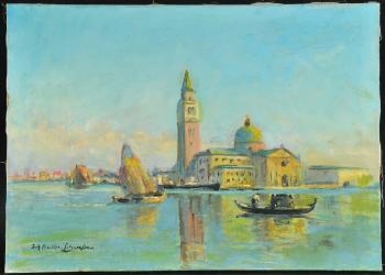 Gondel und Boote vor San Giorgio Maggiore in Venedig by 
																	Fritz Muller-Schwaben