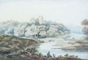 A riverside landscape, with a bridge overlooked by a castle by 
																			John Henry Campbell