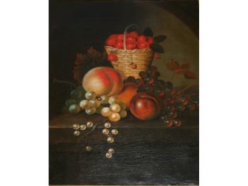 Still life of strawberries in a wicker basket with other summer fruits upon a shelf by 
																	William Jones of Bath