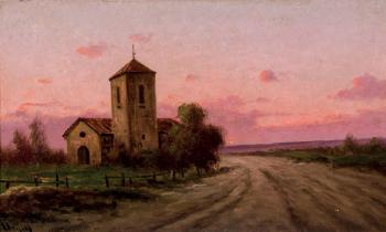 Atardecer con iglesia by 
																	Modesto Urgell y Inglada