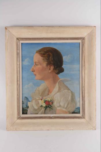 Portrait de femme de profil au bouquet de fleurs by 
																	Jean Feddel