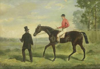 A racehorse with jockey up, owner in top hap by 
																			Alfred Frank de Prades