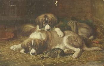 Two St. Bernard puppies, a kitten and a rabbit by 
																			Horatio Henry Couldery