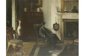 An Interior With An Elegant Lady Seated By A Fireplace by 
																			Albert Chevallier Tayler