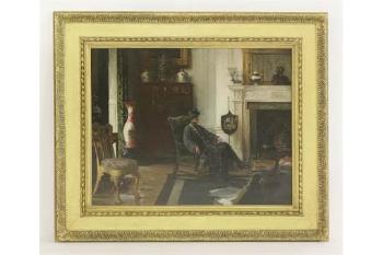 An Interior With An Elegant Lady Seated By A Fireplace by 
																			Albert Chevallier Tayler