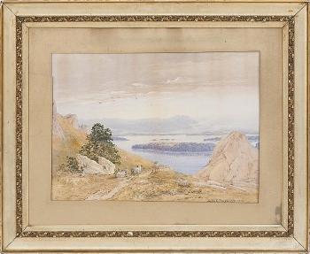 Expansive landscape with a mountain lake by 
																			Samuel Peter Rolt Triscott