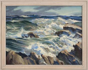 Waves crashing on a rocky coast by 
																			McIvor Reddie