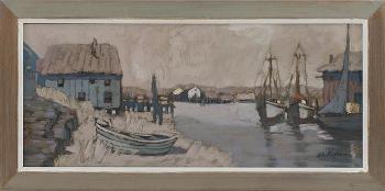 Harbor scene with numerous boats and shacks by 
																			Bonnie Whittingham