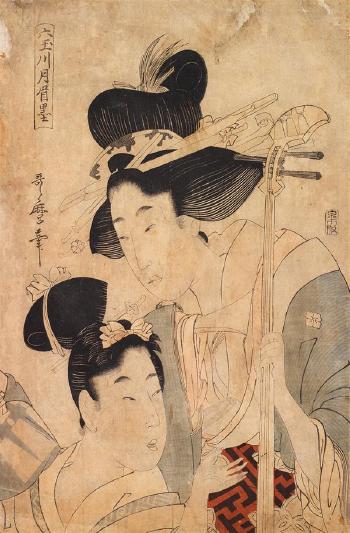 Mutamagawa Tsukimayuzumi (Six rivières Tama, Scène
de maquillage) by 
																	Kitigawa Utamaro II