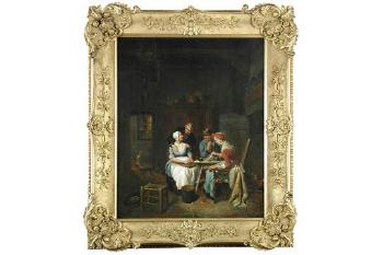 An amorous innkeeper embracing a maid, whilst another couple take tea by 
																			Jacob Akkersdijk