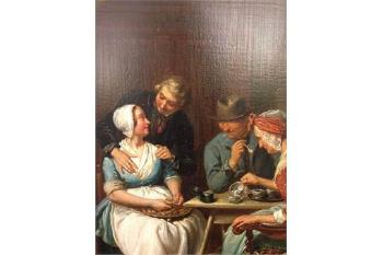An amorous innkeeper embracing a maid, whilst another couple take tea by 
																			Jacob Akkersdijk