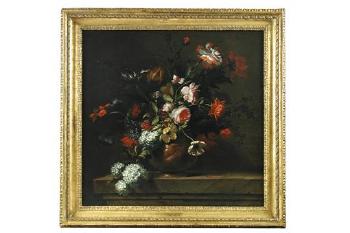 Summer flowers in a copper bowl on a marble ledge by 
																			Jean Baptiste Belin de Fontenay