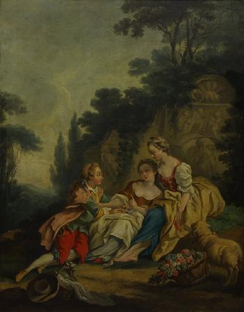 Garden Scene with Figures and Dog by 
																			John Boultbee