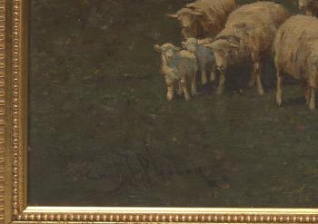 Shepherd with flock by 
																			Charles T Phelan