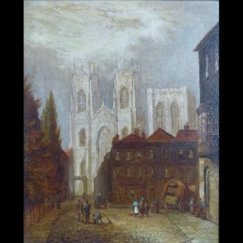 York street scene with figures conversing and the minster in the background by 
																	George Fall