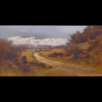 Landscape with snowy mountains in the distance, probably Snowdonia by 
																	Alfred Oliver