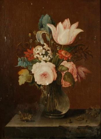 A still life study of flowers in a glass vase on a stone ledge beside a cricket and grapes by 
																	Evert van Aelst