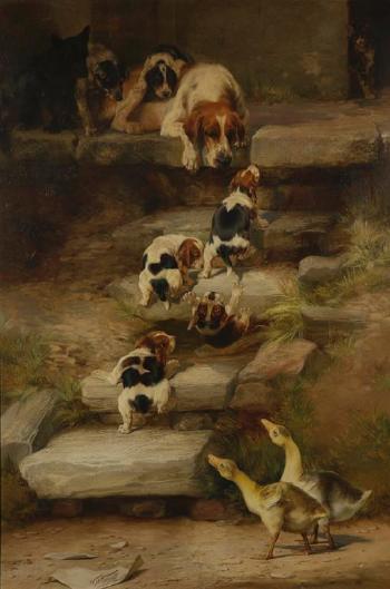 Hound puppies at play while other animals look on by 
																	William Henry Hamilton Trood
